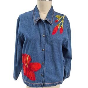 Vtg Y2K Tantrums Blue Denim Shirt-jacket Pockets Red Hibiscus Applique  L